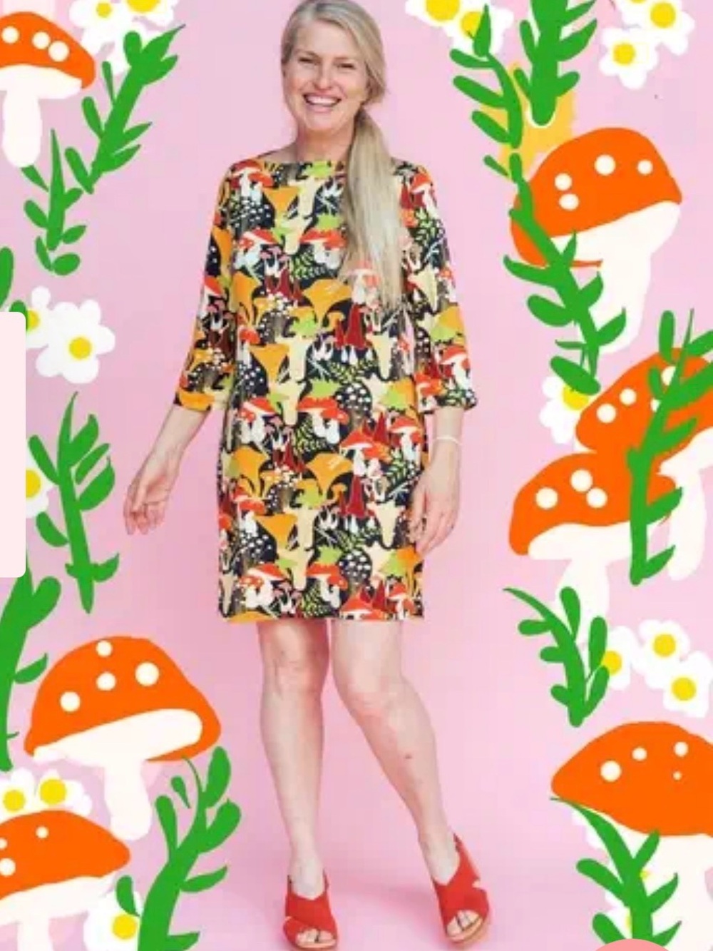 Lesley Evers Navy Mushroom Print Shift Knit Dress 3/4 Sleeve Mod Retro Size XL